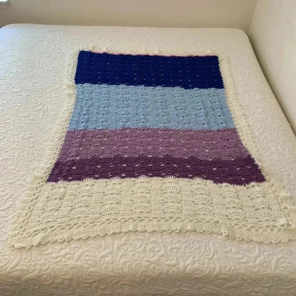 Afghan Crochet Blanket Size 54”x38” Ivory Blue Purple Lacy Edge Hand Crafted New